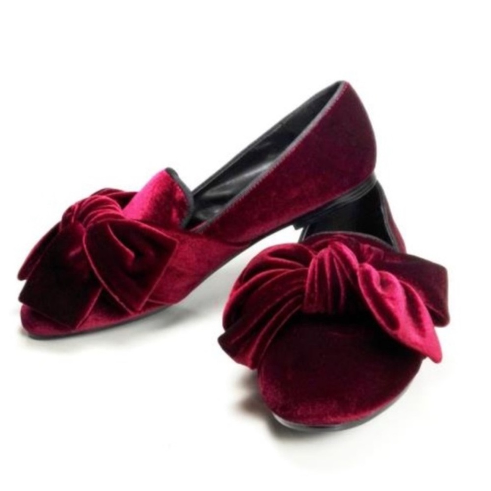 Zara Velvet Bow Loafers - Burgundy 7.5